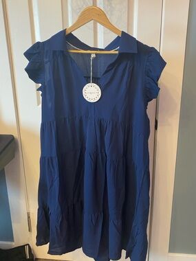 Umgee Navy Blue Tiered Collared Swing Dress